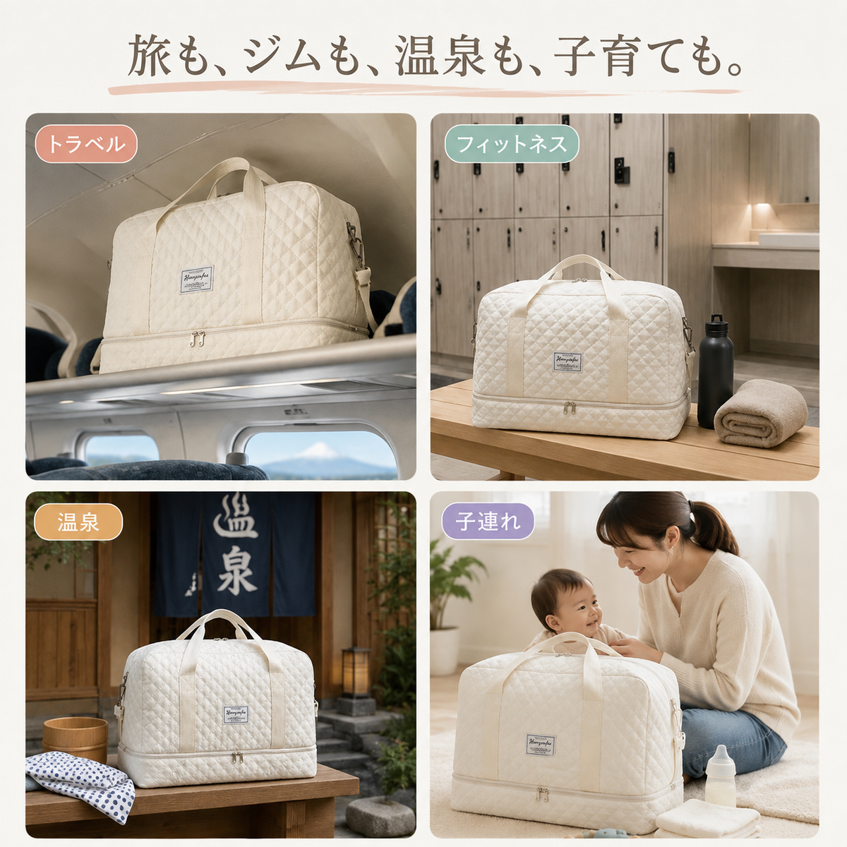軽量430g・30L大容量｜乾湿分離＆シューズ収納付き 2層キルティングトラベルバッグ - Aero Nest™ - エアロ ネスト™
