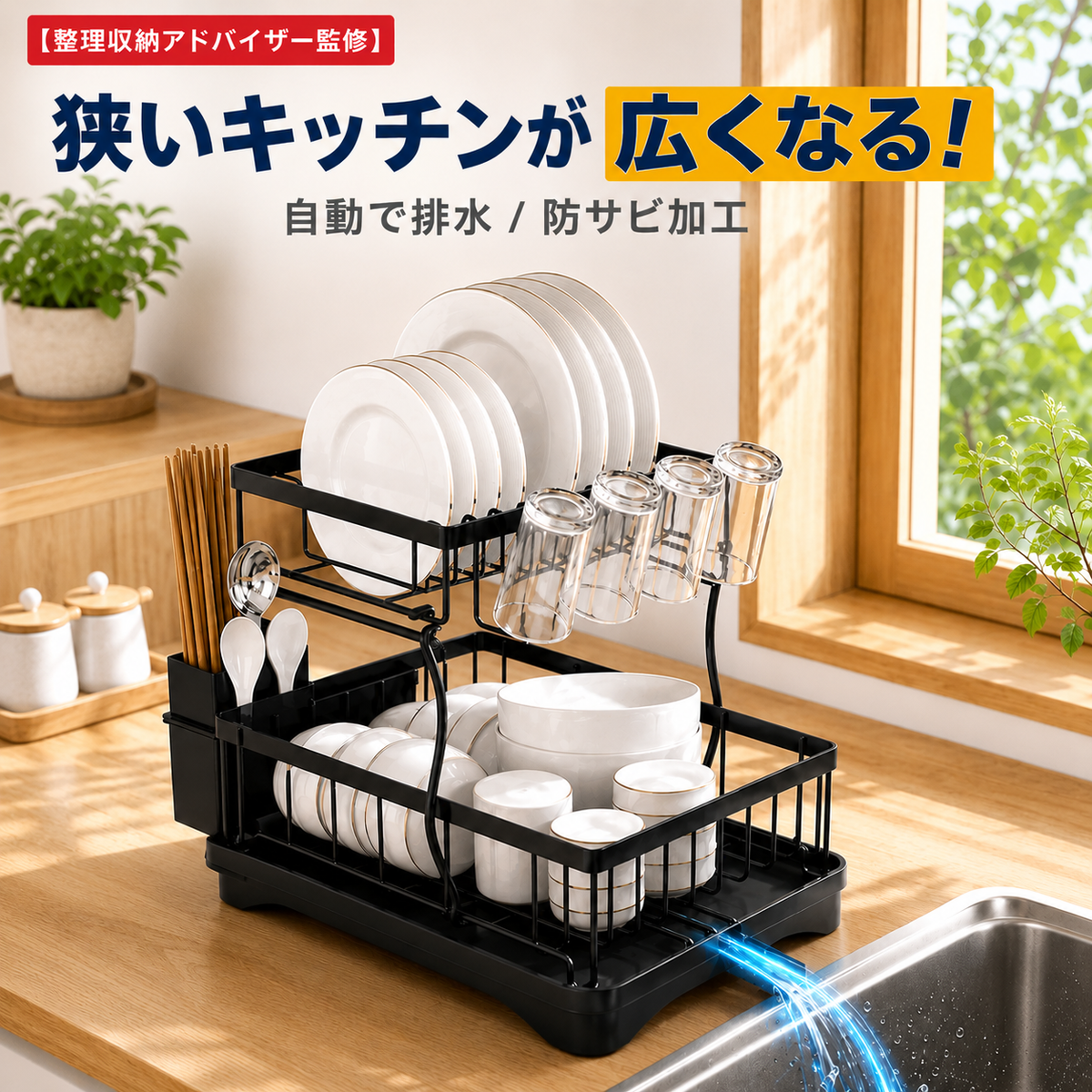 省スペース2段式 水切りラック｜自動排水・大容量キッチン収納 - DryFlow™ - ドライフロー™